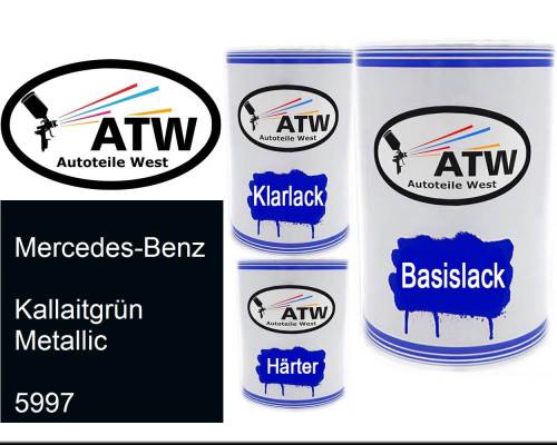 Mercedes-Benz, Kallaitgrün Metallic, 5997: 500ml Lackdose + 500ml Klarlack + 250ml Härter - Set, von ATW Autoteile West.
